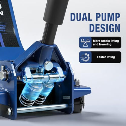 Floor Jack 3 Ton Extra Long Reach Hydraulic Low Profile Floor Jack with Dual Piston Quick Lift Pump, Home and Workshop Car Maintenance for Various Vehicles, 3 Ton (6,600 lbs) Capacity, Blue