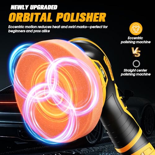 Cordless Car Buffer Polisher kit, DA Polisher with 2*21V Batteries - color: Yellow