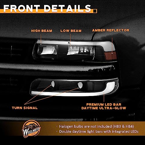 WEELMOTO Halogen Headlights Assembly for 99-02 Chevy Silverado 1500 2500 - color: Clear I Black I Amber
