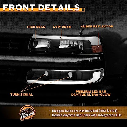 WEELMOTO Halogen Headlights Assembly for 99-02 Chevy Silverado 1500 2500 - color: Clear I Black I Amber
