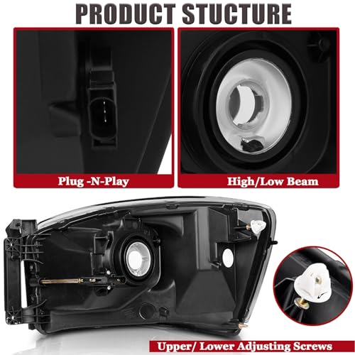 For 2006 2007 2008 Dodge Ram Headlight Assembly OEM Style Replacement for 06-08 Ram 1500, 2009 Ram 2500 3500 Old Body Style Only (NOT fit w/ Bottom Amber), Halogen Head Lights Headlamp L+R, Chrome - color: Chrome Amber Headlight