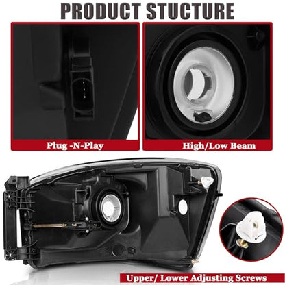 For 2006 2007 2008 Dodge Ram Headlight Assembly OEM Style Replacement for 06-08 Ram 1500, 2009 Ram 2500 3500 Old Body Style Only (NOT fit w/ Bottom Amber), Halogen Head Lights Headlamp L+R, Chrome - color: Chrome Amber Headlight