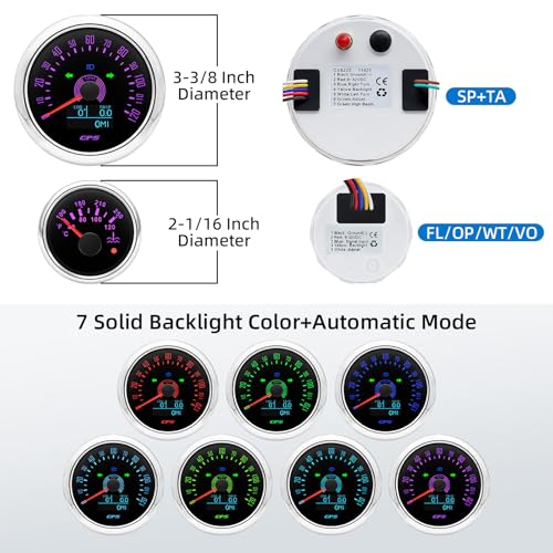 MH 7 Boat Gauge Set - 3-3/8" GPS Speedometer, Tachometer, 2-1/16" Oil Pressure Gauge,Fuel Level,Water Temperature,Voltmeter,Trim Marine Meter Kit Waterproof 7 Color for AUTO (Black and Silver) - color: Black and Silver