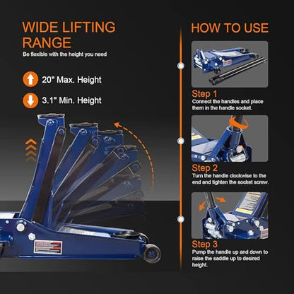 TCE ATZ830026XU-2 Ultra Low Profile Floor Jack: Heavy Duty Hydraulic Steel Service Jack with Dual Piston Quick Lift Pump and Detachable Handle, 6,000 LBS Capacity (3 Ton), Blue - size: 3 Ton