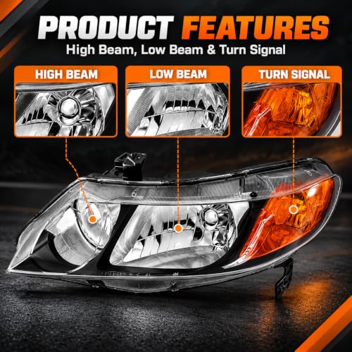 2PCS Halogen Headlight Assembly For 2006-2011 Honda Civic Sedan - color: Right+Left
