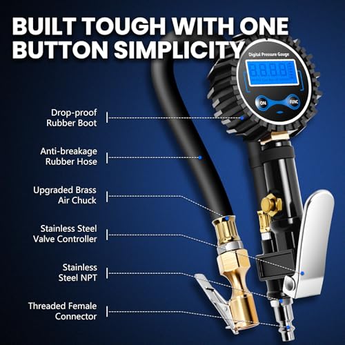 Digital Tire Gauge with Inflator & Deflator - LED Display & 0.1 PSI Resolution - Quick Release Valve & Heavy Duty Chuck - w/Adapter for Car, Truck, SUV, Motorcycle, RV, Balls - size: Upgraded