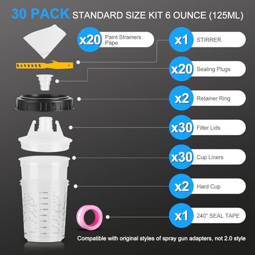 Mini Disposable Paint Mixing Cups 6 Ounce(165ml) with Lid, 30 Pack Paint Cup,125-Micron Filter, 2 Hard Cup with Retainer Ring, 20 Plugs, 1 Stirrer, 1 Seal Tape,10 Paint Strainers Paper Cone