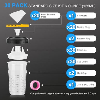 Mini Disposable Paint Mixing Cups 6 Ounce(165ml) with Lid, 30 Pack Paint Cup,125-Micron Filter, 2 Hard Cup with Retainer Ring, 20 Plugs, 1 Stirrer, 1 Seal Tape,10 Paint Strainers Paper Cone