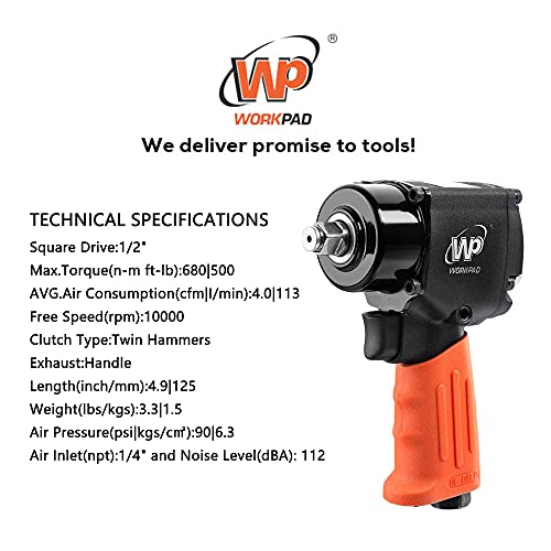 WORKPAD 1/2-Inch Mini Air Impact Wrench with Twin Hammers, Pneumatic Tools - color: 1116