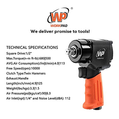 WORKPAD 1/2-Inch Mini Air Impact Wrench with Twin Hammers, Pneumatic Tools - color: 1116