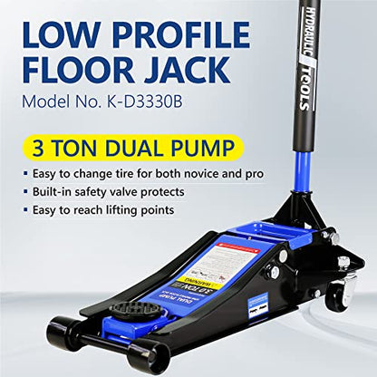 3T Low Profile Steel Floor Jack, 6600 lb, Dual Pump, 3.3"-18.5" Lift, Blue - size: 3T Dual Pump 3.3"-18.5"