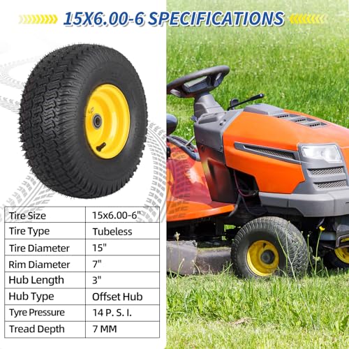 GICOOL (2 Pack) 15x6.00-6 Tubeless Tire and Wheel, 3" Offset Hub, 3/4" Bearing, 4 Ply, 15x6-6 Replacement Riding Lawn Mower Front Tires, Compatible with 100 and 300 Series John Deere Riding Mowers - size: 15x6.00-6 Tubeless