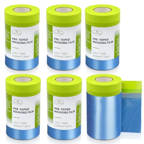 Tangibay Pre-Taped Masking Film for Painting, 22" x 66', 6 Rolls - size: 6 Rolls: 22"