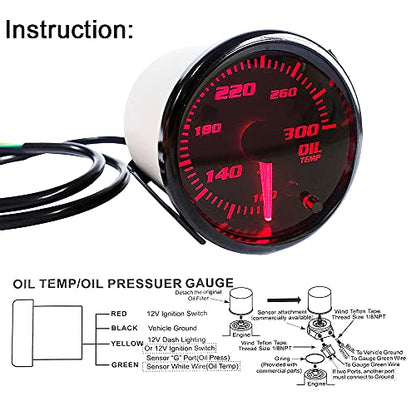 2" Oil Temp Gauge 7 Color Tinted 52mm Temperature Meter 100-300℉ Fahrenheit Includes Electronic Thread 1/8 NPT Sensor