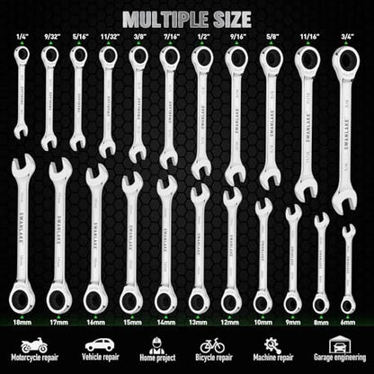 24-Piece Combination Ratchet Wrench Set, Metric (6-18mm) & SAE (1/4''-3/4'') Wrenches Set, 12-Point 72-Tooth Ratchet Spanners with Magnetic Base Organizer, Chrome Vanadium Steel for Auto Mechanic Tool - style: Ratchet Metric & SAE