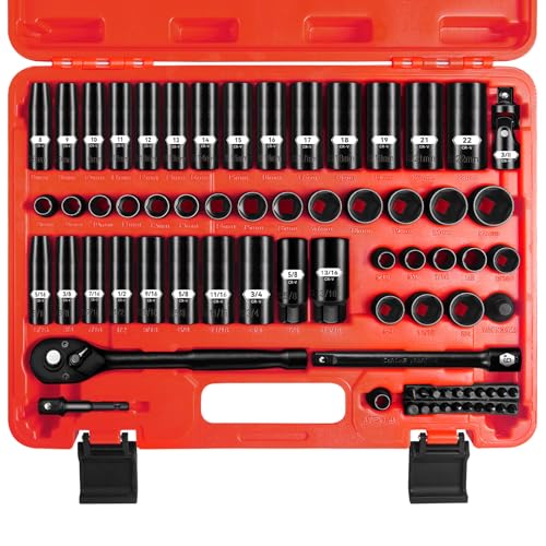 ZHAX 3/8 Inch Drive 6 Point Impact Socket Set, 72 PCS Standard SAE(5/16"- 3/4") & Metric(8-22mm) With Spark Plug, Deep & Shallow, 72T Wrench Ratchet Tool Kit,Cr-V With Heavy Duty Storage Case - size: 3/8" drive hex point