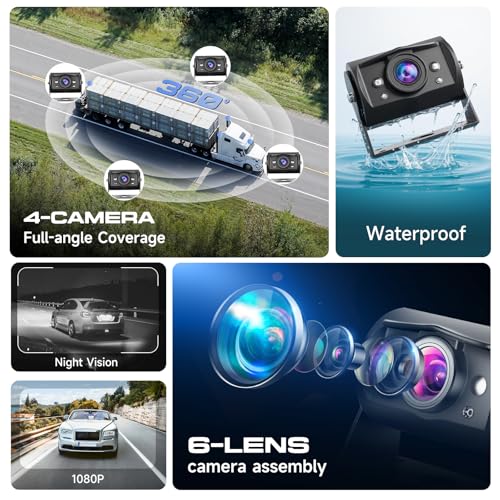 4 Channel 9 inch IPS Backup Camera System with Monitor for Tracks, RVs, Tractors, Bus, CementTruck, HD 1080P Wired Reverse Camera Waterproof Night Vision 4 Cameras Support Recording, Plug and Play