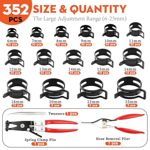 352Pcs Spring Hose Clamp Kit with Pliers 15 Sizes 6-25mm for Fuel Lines - color: 352-piece