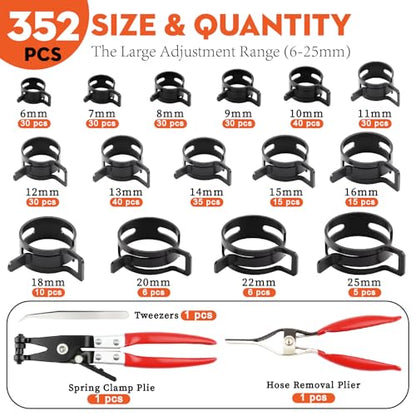 352Pcs Spring Hose Clamp Kit with Pliers 15 Sizes 6-25mm for Fuel Lines - color: 352-piece