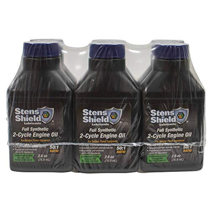 Stens Shield 2 Cycle Engine Oil 770-264, Full Synthetic 2 Stroke Oil, Engine Oil for Outdoor Power Equipment, Twenty-Four 2.6 oz. Bottles/case, 1 Bottle Makes 1 Gallon of 50 to 1 Fuel Mix, Blue Oil