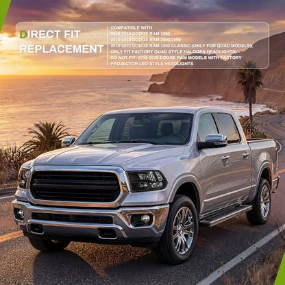 AUTOSAVER88 Headlight Assembly Compatible with 09-18 Dodge Ram 1500 Black - color: Black Housing Clear Reflector