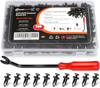 moveland 200PCS 8mm UTV ATV Fender Push Clips with Fastener Removal Tool - size: 200 Clips 8mm + Remover