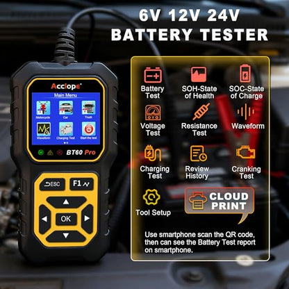 BT60 PRO 2–120Ah Battery Tester 6V/12V/24V 100–3000 CCA QR Report - color: Black-Yellow