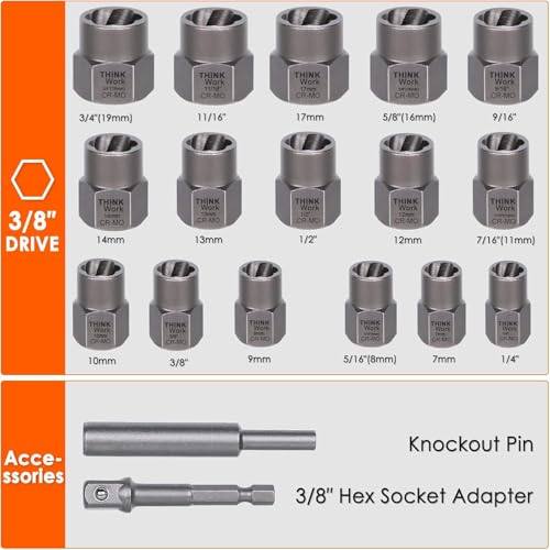 18-Piece Bolt Extractor Kit, 3/8" Drive Impact Bolt & Nut Remover Set - size: 18-Piece