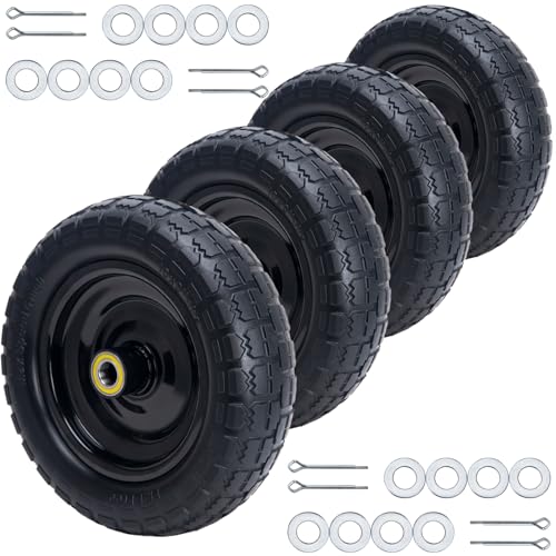 10" Solid Rubber Tires, 4.10/3.50-4 Tire and Wheel Flat Free, 4-Pack with 3/4" Bearings, 2.17"Offset Hub for GOR Garden Cart, Wheelbarrow, Trolleys, Hand Trucks & Yard Trailers - size: 3/4in-10in
