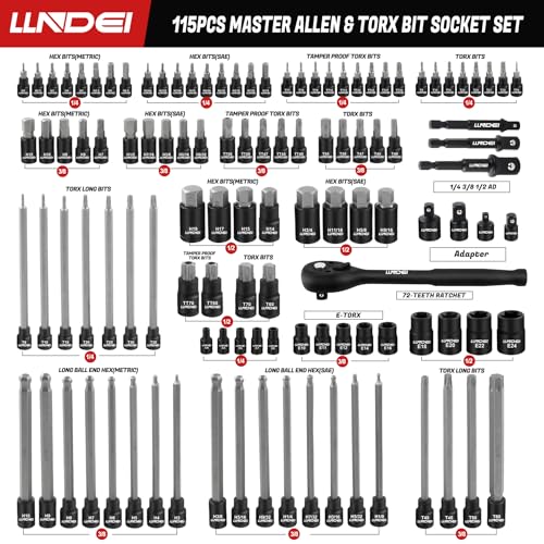 LLNDEI 115Pc Torx & Allen Bit Socket Set 1/4 3/8 1/2" Drive - size: 115 pcs
