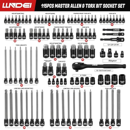 LLNDEI 115Pc Torx & Allen Bit Socket Set 1/4 3/8 1/2" Drive - size: 115 pcs