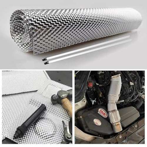 16" x 78.7" Exhaust Heat Shield Kit – High-Temp Muffler/Engine Embossed Aluminum Heat Shield with 20PCS Stainless Steel Cable Ties for Automotive & Motorcycle