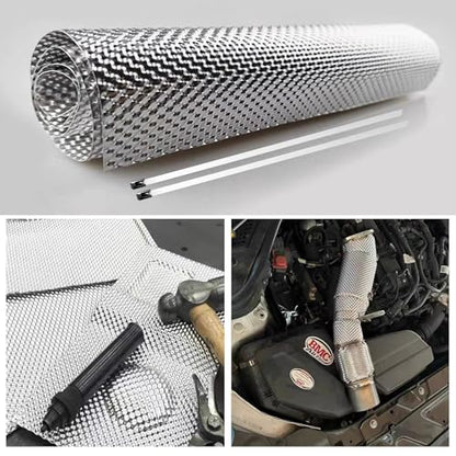 16" x 78.7" Exhaust Heat Shield Kit – High-Temp Muffler/Engine Embossed Aluminum Heat Shield with 20PCS Stainless Steel Cable Ties for Automotive & Motorcycle