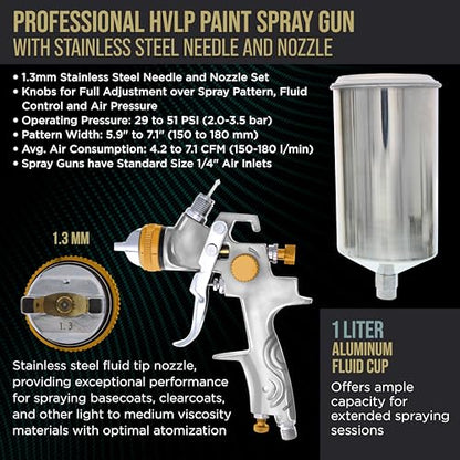 TCP Global® Brand Professional 1.3mm HVLP Spray Gun-gravity Feed-auto Paint Basecoat Clearcoat with Air Regulator (G6600-13) - size: 1.3mm