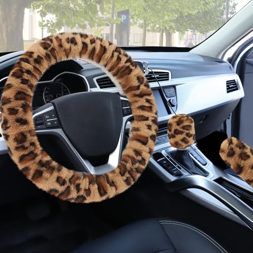 Accmor Fuzzy Car Steering Wheel Cover, Universal Fit Fur Auto Wheel Cover & Handbrake Cover & Gear Shift Cover Set, Anti-Slip Leopard Warm Fluffy Vehicle Wheel Protector Car Accessories for Men Women - color: Khaki/Brown Leopard