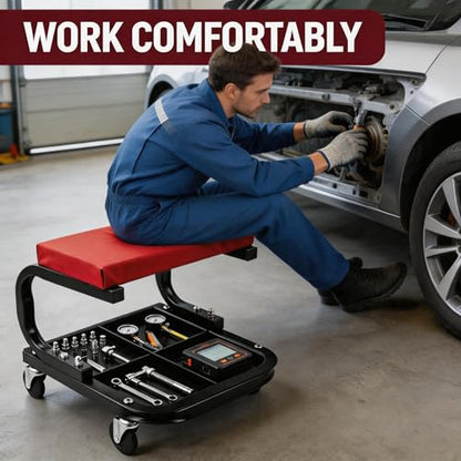 Rolling Creeper Garage/Shop Seat,250 LBS Capacity Heavy Duty Rolling Mechanic Stool with Wheels,Automotive Padded Creeper Seat with Tool Tray Storage for Garage, Shop, Auto Repair