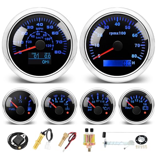MH 6 AUTO Boat Gauge Set - 3-3/8" 80MPH & 120KM GPS Speedometer, Tachometer, 2-1/16" Oil Pressure Gauge, Fuel Level, Water Temperature, Voltmeter Alarm Marine Meter Kit with Sensor (Black and Silver) - color: Black and Silver