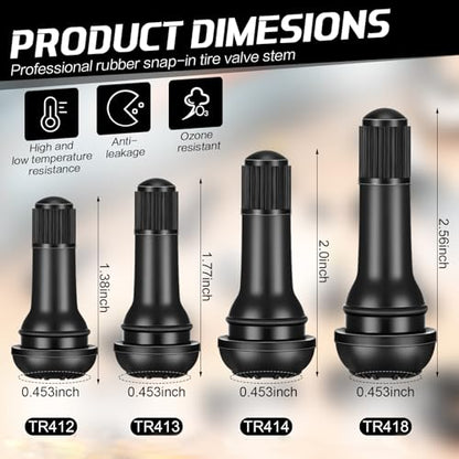Tallew 150 Pcs Tire Valve Stems Bulk Tubeless Rubber Snap in Valves Stems Black Replacement Tool for Car Tubeless 0.453 Inch Rim Holes Standard Vehicle Tires (Tr412,Tr413,Tr414,Tr418) - style: TR412, TR413, TR414, TR418