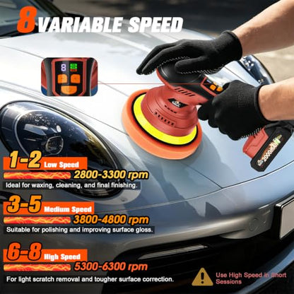 Cordless Dual Action Car Buffer Polisher, 8-Speed, 2*21V Batteries - color: Red