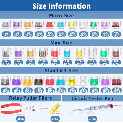 257Pcs Auto Fuse Assortment Kit with Circuit Tester and Relay Puller Pliers, Micro, Mini, Standard Blade Fuses for Car Boat Truck SUV (2A 3A 5A 7.5A 10A 15A 20A 25A 30A 35A 40A)