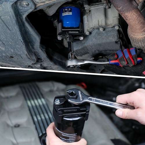 WORKPRO Universal Oil Filter Wrench (2-3/8 to 3-1/8") Adjustable with Auto-Clamp Spring, Oil Filter Removal Tool, Oil Filter Change Set, Ideal for Engine Filters, Conduit, & Fittings