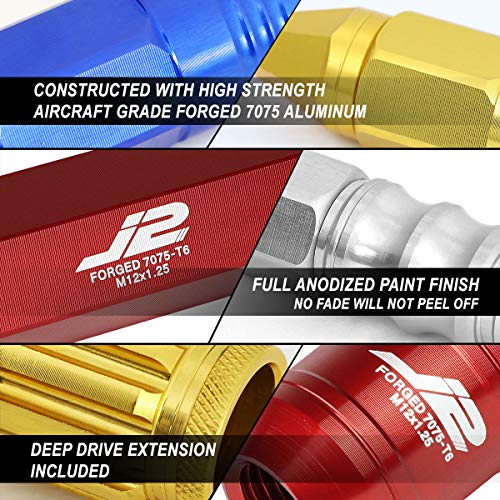 J2 Engineering 16Pcs 7075 Aluminum Open End M12 x 1.25 Lug Nuts w/4Pcs Lock Nuts & Key, Red, Fit Conical Seat, LN-T7-002-125-RD
