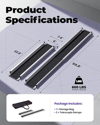 5FT Telescoping Aluminum Portable Wheelchair Ramp with Bag, 600LBS - size: 3 to 5 FT