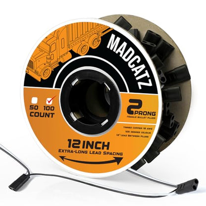 MADCATZ 100 Pack 2-Prong Double Female Bullet Plug 12” Spacing Harness Roll – 18 AWG with More Spacing with 12-Inch Leads Between Plugs, Fits Truck Trailer Clearance Lights - color: 100 - 2Prong (12" spacing), size: 2Prong - XL