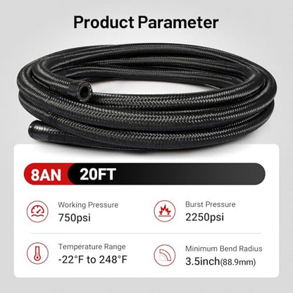 EVIL ENERGY 8AN Fuel Line Kit CPE Nylon Braided 8AN Hose with 10 Fittings - color: Black&Red, size: 8AN 20FT
