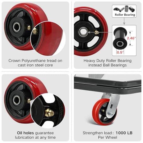 5 inch Heavy Duty Caster Wheel- Polyurethane Tread(Crowned) on cast lron Wheels -1/2" Bore -Roller Bearing, Set of 4 Heavy Duty Caster Wheel- 4000 lbs Capacity (4 Pack) - color: Crowned Poly on Cast Iron, size: 5"×2"