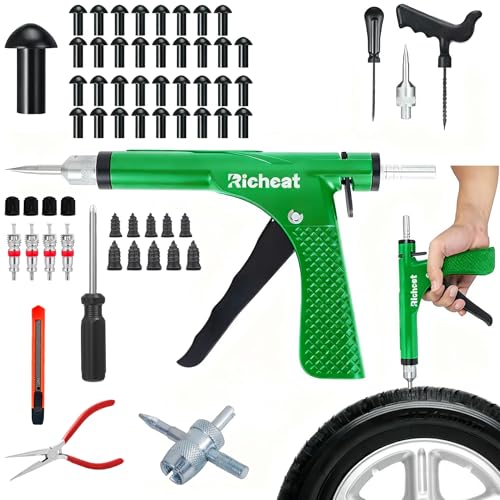 Richcat Tubeless Tire Puncture Repair Kit with Mushroom Plug, Repairs punctures and Flat Tires for Motorcycles, Cars, Trucks, ATVs,Gun Puncture Repair Kit - size: 35Plugs Kit