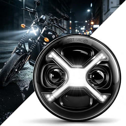 5.75 5-3/4 LED Headlight, White X-Style DRL Motorcycle Projector Headlamp Fits Harley Sportster Iron 883, Dyna Street Bob, Indian Scout Bobber - Super Bright High Low Beam Upgrade, Plug & Play - color: 5.75 Inch White X DRL