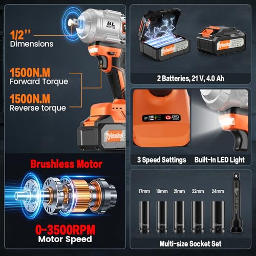 1/2 Cordless Impact Wrench,1106ft-lbs(1500N.m) 3-Speed Impact Driver,LED - color: Orange