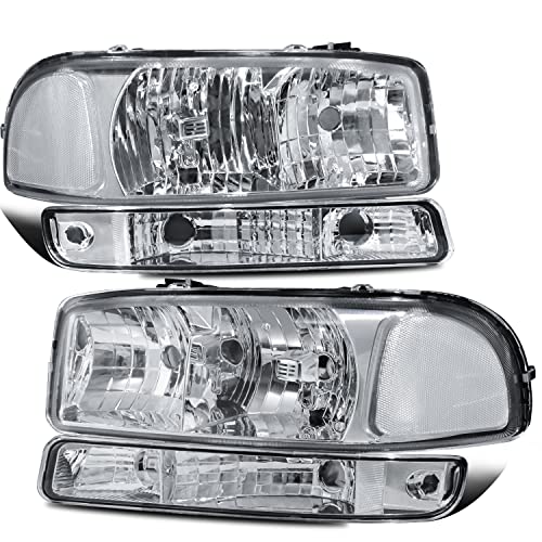 MOSTPLUS Headlight Assembly Compatible with 1999-2006 GMC Sierra 1500 2500/00-06 GMC Yukon Front Lamp with Chrome Housing/Clear Lens/Clear Reflector - color: Chrome/Clear/Clear
